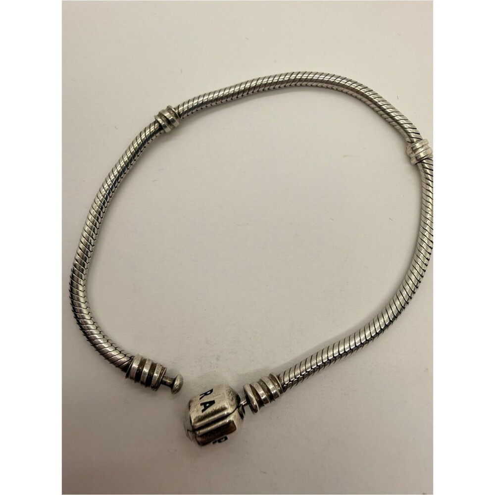 Retired Pandora Moments Barrel Clasp Snake Chain Charm Bracelet 7.5”